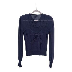 Moods of Norway Blue Blouse w/Bow Size XS Sheer Top Sweater Bottom Pullover